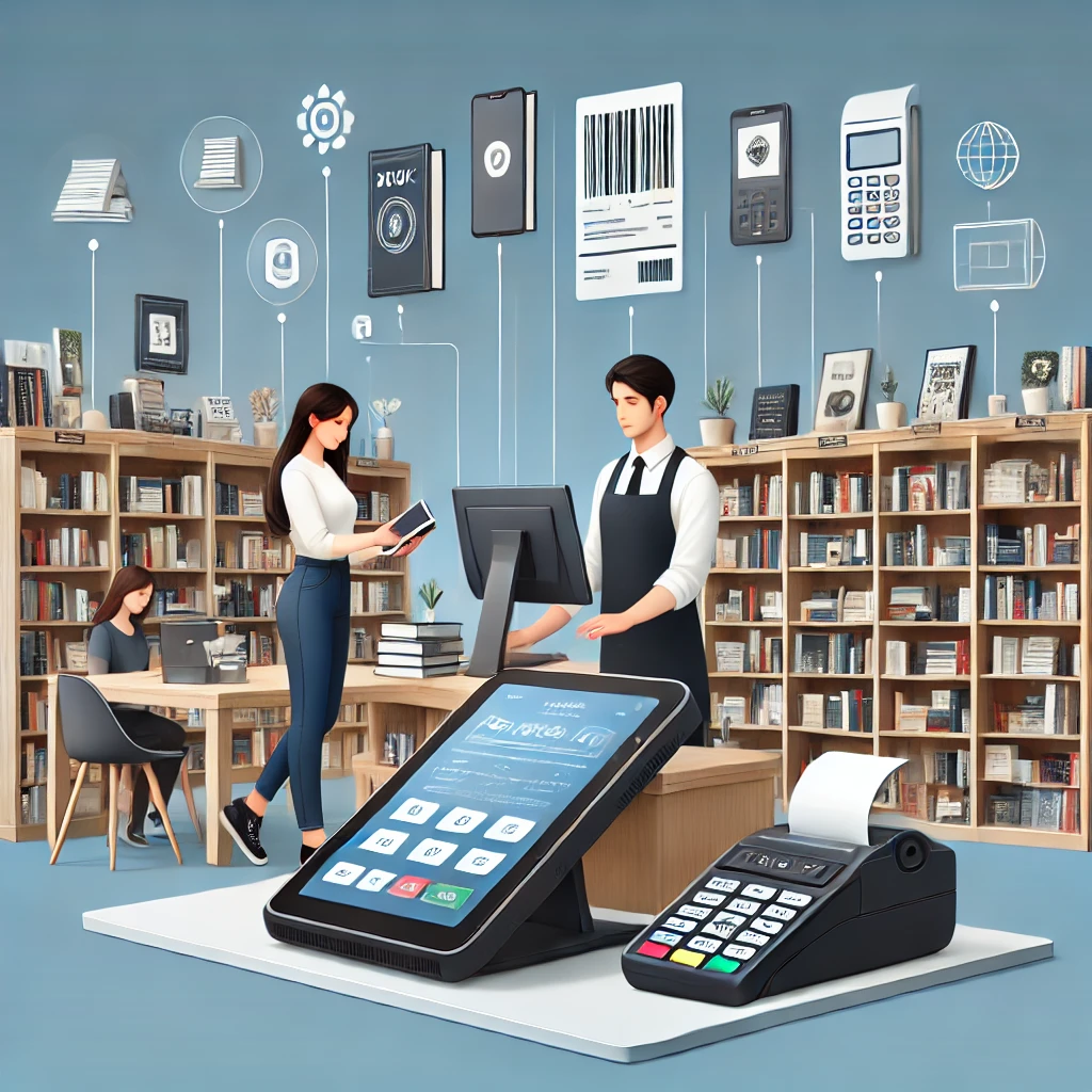 DALL·E 2025 02 06 14.08.33 A modern bookstore featuring an advanced POS Point of Sale system. A cashier at the checkout counter is using a sleek touchscreen POS terminal while